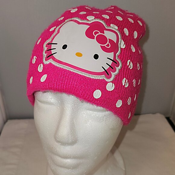 Sanrio Hello Kitty Knit Beanie Hat ~ Pink with Polka Dots - Picture 1 of 5